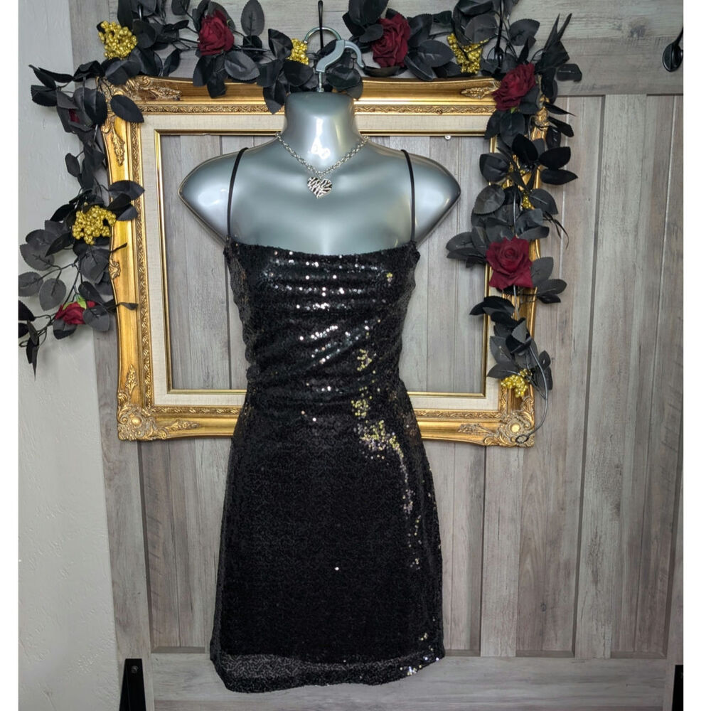🖤✨ Y2K Black Sequin Open Back Mini Dress – Wet Seal ✨🖤